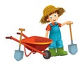 Cartoon scene young boy near wheelbarrow - farming tools