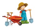 Cartoon scene young boy near wheelbarrow - farming tools