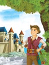 Cartoon scene with a young brave man - traveler - stage for different fairy tales - beautiful castle - happy scene