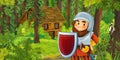 Cartoon scene with young dwarf prince traveling and encountering hidden wooden house in the forest Royalty Free Stock Photo