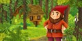 Cartoon scene with young dwarf prince traveling and encountering hidden wooden house in the forest Royalty Free Stock Photo