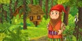 Cartoon scene with young dwarf prince traveling and encountering hidden wooden house in the forest Royalty Free Stock Photo