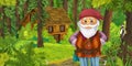 Cartoon scene with young dwarf prince traveling and encountering hidden wooden house in the forest Royalty Free Stock Photo