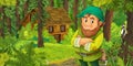 Cartoon scene with young dwarf prince traveling and encountering hidden wooden house in the forest Royalty Free Stock Photo
