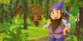 Cartoon scene with young dwarf prince traveling and encountering hidden wooden house in the forest Royalty Free Stock Photo