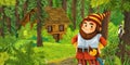 Cartoon scene with young dwarf prince traveling and encountering hidden wooden house in the forest Royalty Free Stock Photo
