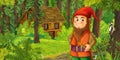 Cartoon scene with young dwarf prince traveling and encountering hidden wooden house in the forest Royalty Free Stock Photo