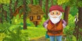 Cartoon scene with young dwarf prince traveling and encountering hidden wooden house in the forest Royalty Free Stock Photo