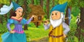 Cartoon scene with young dwarf prince traveling and encountering princess sorceress and hidden wooden house in the forest Royalty Free Stock Photo