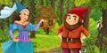 Cartoon scene with young dwarf prince traveling and encountering princess sorceress and hidden wooden house in the forest Royalty Free Stock Photo