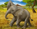 Cartoon scene with young elephant traveling through some meadow safari