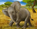 Cartoon scene with young elephant traveling through some meadow safari