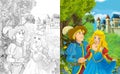 Cartoon scene with young elf couple standing in the forest on a flower near majestic castle Royalty Free Stock Photo