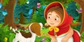 Cartoon scene with young girl and happy dog in the forest going somewhere