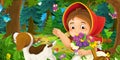 Cartoon scene with young girl and happy dog in the forest going somewhere