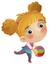 cartoon scene with young girl having fun playing dancing with colorful ball ballet leisure free time isolated illustration for