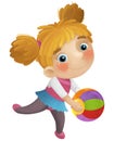 cartoon scene with young girl having fun playing dancing with colorful ball ballet leisure free time isolated illustration for