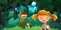 Cartoon scene with young girl sitting and hunter forester in the forest