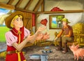 Cartoon scene with young man prince or king and farmer in barn or pigsty