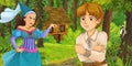 Cartoon scene with young prince traveling and encountering princess sorceress and hidden wooden house in the forest Royalty Free Stock Photo