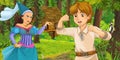 Cartoon scene with young prince traveling and encountering princess sorceress and hidden wooden house in the forest Royalty Free Stock Photo