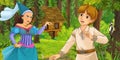 Cartoon scene with young prince traveling and encountering princess sorceress and hidden wooden house in the forest Royalty Free Stock Photo