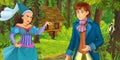 Cartoon scene with young prince traveling and encountering princess sorceress and hidden wooden house in the forest Royalty Free Stock Photo