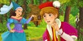 Cartoon scene with young prince traveling and encountering princess sorceress and hidden wooden house in the forest Royalty Free Stock Photo