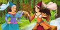 Cartoon scene with young royal witch princess traveling and encountering princess sorceress and hidden wooden house in the forest Royalty Free Stock Photo