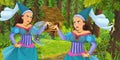 Cartoon scene with young royal witch princess traveling and encountering princess sorceress and hidden wooden house in the forest Royalty Free Stock Photo