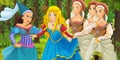 Cartoon scene with young royal witch princess traveling and encountering princess sorceress and hidden wooden house in the forest Royalty Free Stock Photo