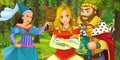 Cartoon scene with young royal woman and man traveling and encountering princess sorceress and hidden wooden house in the forest Royalty Free Stock Photo