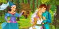 Cartoon scene with young royal woman and man traveling and encountering princess sorceress and hidden wooden house in the forest Royalty Free Stock Photo