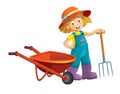 Cartoon scene young girl near wheelbarrow - farming tools