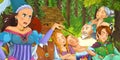 Cartoon scene with young woman and man traveling and encountering princess sorceress and hidden wooden house in the forest Royalty Free Stock Photo