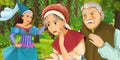 Cartoon scene with young woman and man traveling and encountering princess sorceress and hidden wooden house in the forest Royalty Free Stock Photo