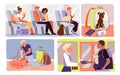 Cartoon scenes in plane and bus, train with people and pets inside plastic carrier boxes, transportation and delivery of Royalty Free Stock Photo