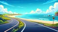 A cartoon scenic background with speedway, blue sky, and fluffy clouds of a summer countryside landscape with a curly