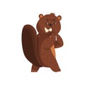 Cartoon scheming beaver with brown fur, little ears, shaped tail and big teeth. Forest rodent with wily and cunning Royalty Free Stock Photo