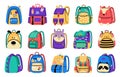Cartoon school bag. Colorful backpack with zip for school supply and accessories, education equipment for students