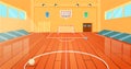 Cartoon school basketball gym, indoor sports court. Empty university gymnasium with basketball hoop and sport equipment Royalty Free Stock Photo