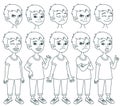 Cartoon school boy character model sheet. Outline freehand drawings. Royalty Free Stock Photo