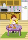 Cartoon school boy eating lunch sitting at the table on kitchen.Vector Illustration