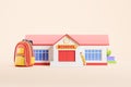 Cartoon school building and accessories, backpack and books Royalty Free Stock Photo