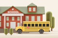 Cartoon school building with school buss and trees, education concept