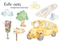 Cartoon school bus, road, tree and traffic light Watercolor set clipart Royalty Free Stock Photo