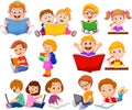 Cartoon school children reading book and operating computer collection set Royalty Free Stock Photo