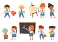 Cartoon school children in uniform, kids students with backpacks. Back to school. Happy boys and girls pupils holding Royalty Free Stock Photo