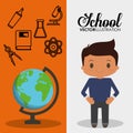 Cartoon school pupil boy globe flyier Royalty Free Stock Photo