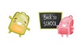 Cartoon Schoolbags or School Rucksack Standing Near Blackboard and Dancing Vector Set